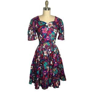 Vintage 80s Abstract Floral Dress Puff Sleeve Fit Flare Cotton Midi SMALL
